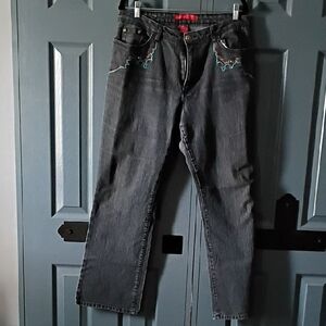 Cosmopolitan Black Straight-Leg Jeans with Turquoise & Brown Accent